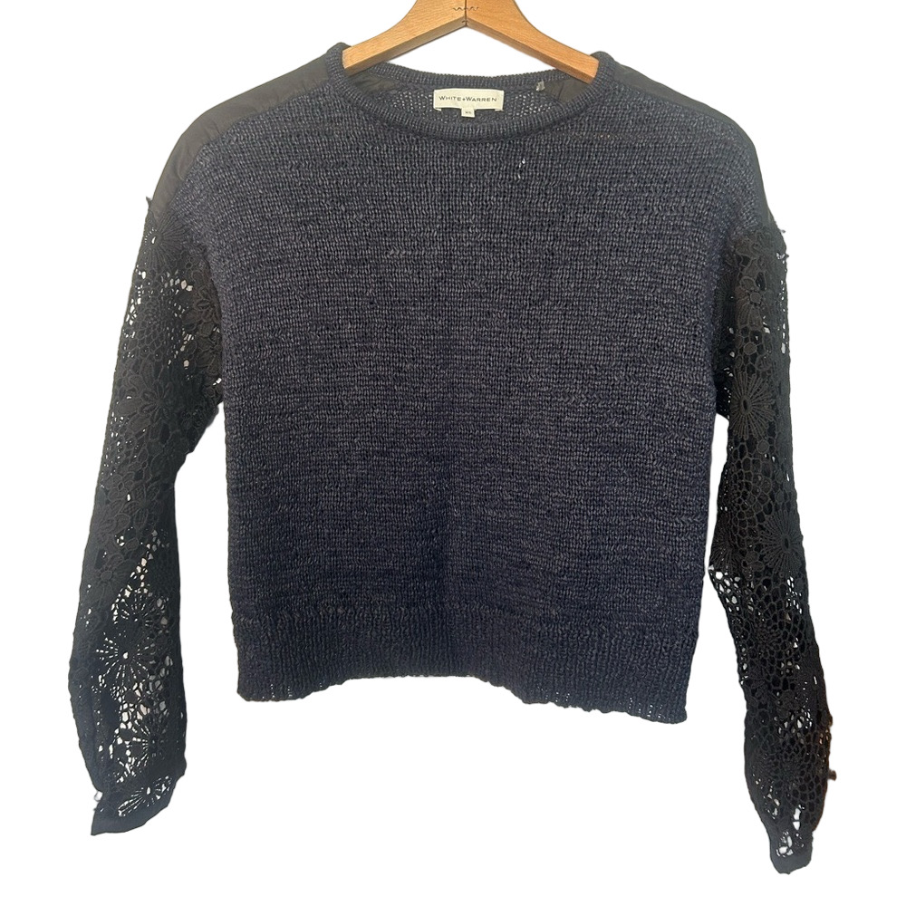 White + Warren Mixed Media Cashmere Lace Sleeve Sweater Poetcore Romantic XS